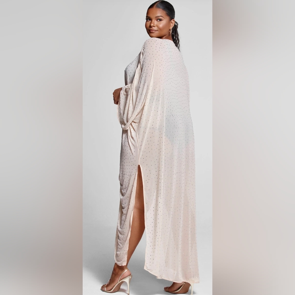 All Over Rhinestone Nude Mesh Katana 2X Caftan Cover Up - Picture 3 of 12